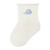 The beige knitted baby socks have a blue embroidered pattern of a little elephant at the top Item Picture